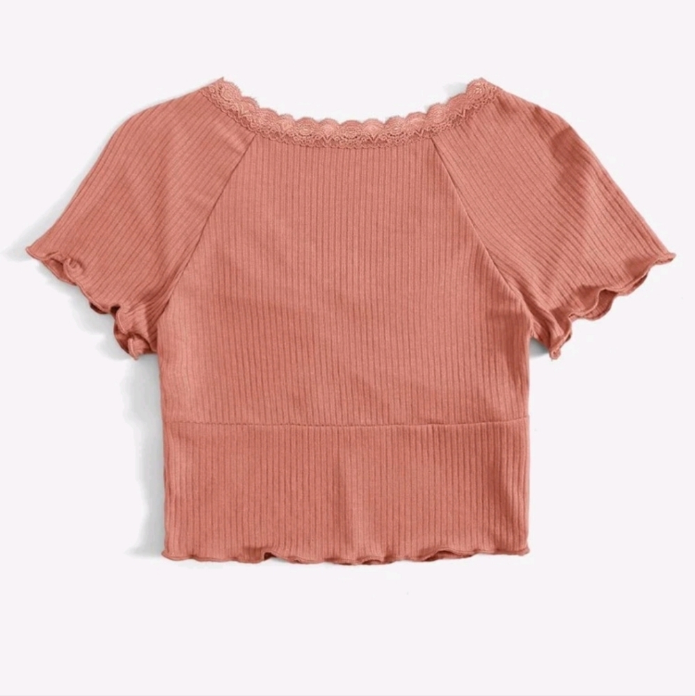 SHEIN Lace Trim Raglan Sleeve Ruched Rib-knit Crop Tee - Picture 3 of 5